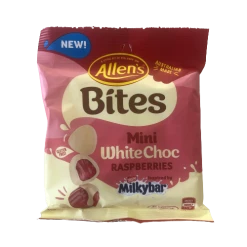Allens Chocolate Allen's Bites Mini White Choc Raspberries 120g