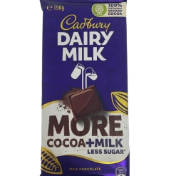 Chocolate Cadbury Dairy Milk More Cocoa & Milk Less Sugar 150g